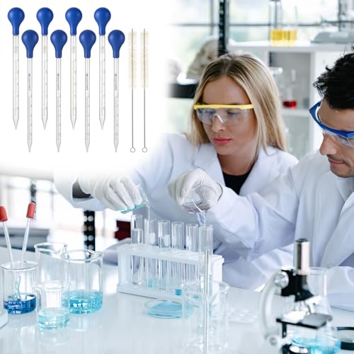 QWORK 8 Pack Glass Droppers with Rubber Bulb (5ml & 10ml) + Cleaning Brushes – Reusable Graduated Pipettes for Essential Oils, Lab, DIY & Crafts