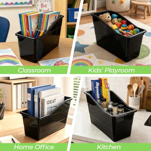 12 Pack Book Bins for Classroom Stackable Plastic Storage with Labels - color: Black