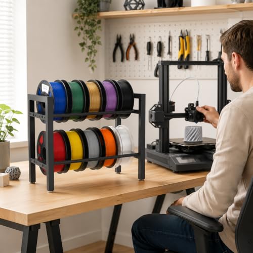 2-Tier Filament Storage Rack, Metal Rolling Spool Holder Stand, 3D Printer Filament Organizer Shelf for Tabletop,Holds up to 12×1kg Spools-Anti Slip- Ideal for Home, Office, Workshop