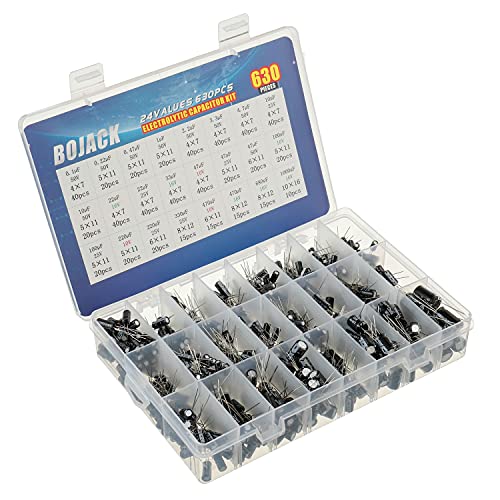 BOJACK 24Value 630pcs Aluminum Electrolytic Capacitor Assortment Box Kit Range 0.1uF-1000uF