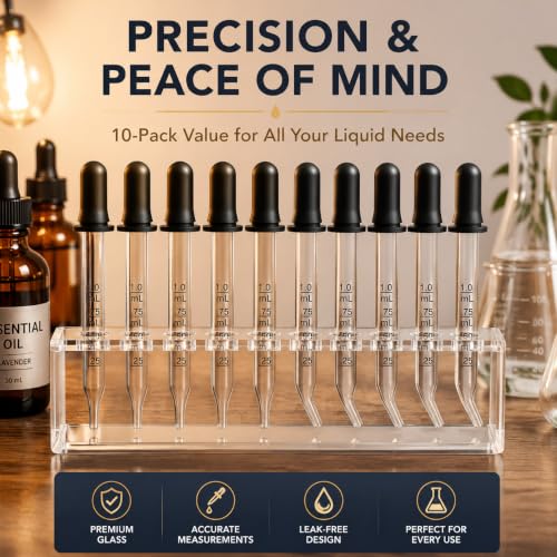 10 Pack Glass Eye Dropper, 1 ml Pipette Dropper with Clear Scale, Bent & Straight Tips for Essential Oils, Crafts, Lab, Liquid Measuring & Transferring – Natural Rubber Bulb