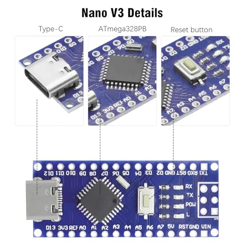 Nano V3.0 Board with Cable, AYWHP 5PCS Nano Board ATmega328P, CH340G Chip 5V 16M, Microcontroller Compatible with Arduino Nano (USB C Port) - size: 5