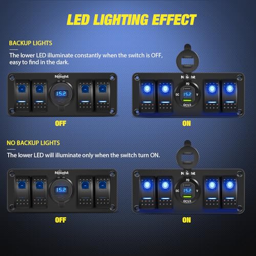 Nilight 4 Gang Rocker Switch Panel with Voltmeter Waterproof 12V DC PD Type C and QC 3.0 USB Charger Night Glow Stickers for Cars Trucks Boats RV - color: Blue, size: 4+1 Gang Type C +USB