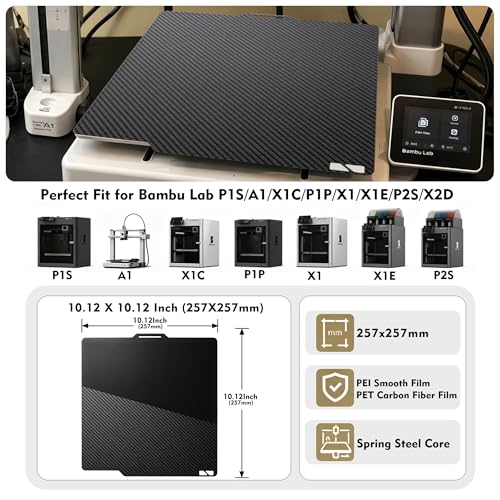 P2S P1S A1 Smooth PEI and PET Carbon Fiber Thickened Build Plate for Bambu Lab, Double-Sided Spring Steel Plate for Bamboo Labs X1C/P1P/X1/X1E/X2D 3D Printer, 257x257 mm 3D Printer Accessories - color: Smooth PEI + PET Carbon Fiber Film