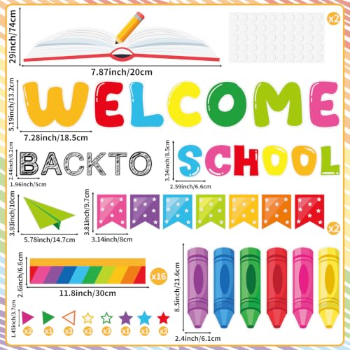 Welcome Back to School Bulletin Board Decorations Back to School Classroom Decorations First Day of School Pencil Crayon Notebook Paper Cutouts for School Office Chalkboard Wall Door Decor Supplies - color: Back to School