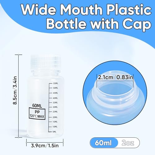 DEMORA Plastic Bottles with Airtight Caps 2oz/60ml, Food Grade Wide Mouth Liquid Containers, Reusable PP Graduated Measuring Bottles for Water Sample Lab Reagent Liquids Mixing (Clear, 4 Pcs)