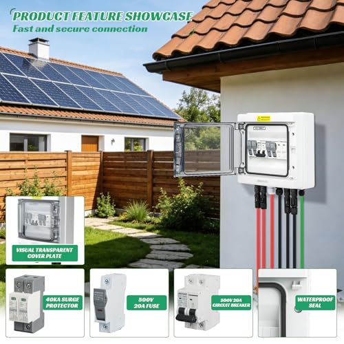 2 in 1 Out Solar Combiner Box,PV Combiner Box with 20A PV Fuse,DC 40A Circuit Breaker and Surge Protector,IP65 Solar Disconnect Switch Box for Indoor Outdoor Solar Panel System (2 in 1 Out 20A 500V) - size: 2 In 1 Out 20A 500V