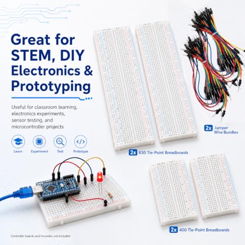 Breadboard Kit with 2 Pcs 830 Tie-Point Solderless Bread Boards, 2 Pcs 400 Tie-Point Protoboards and 126 Pcs Flexible Jumper Wires for Arduino, Raspberry Pi, STEM Electronics Projects