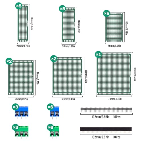 58Pcs 6 Sizes Double Sided PCB Circuit Prototype Solder Board Kit with 2.54mm 40pin Male Female Header Connector and 5mm KF301 Screw Terminal Block for DIY Soldering