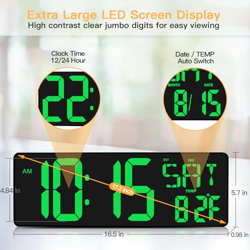 XREXS Large Digital Wall Clock with Remote Control, 16.5 Inch LED Display, Count Up & Down Timer, Adjustable Brightness, Plug-in Alarm Clock with Day/Date/Temperature for Home, Gym, Classroom - color: Green