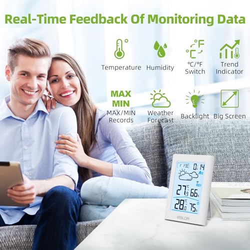 BALDR Indoor Outdoor Thermometer Wireless with Clock, Battery Powered Weather Station Indoor Outdoor, Portable Outside Temperature Monitor for Home Patio - color: White