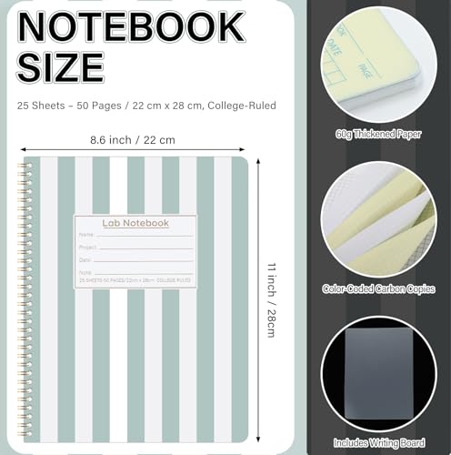 Affrolling Vertical Stripe Carbonless Lab Notebook Student Carbon Copy 8.5'' x 11'' 25 Sets of Pages 53 Pages Total Laboratory Chemistry Computation Notebook Scientific Grid Coil Binding(Green) - color: Green Stripe