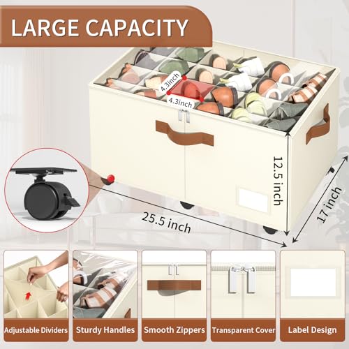 Foyego Shoe Organizer for Closet, Shoe Storage with Wheels, Beige - color: Beige, size: 25 ½"L x 17"W x 12 ½"H