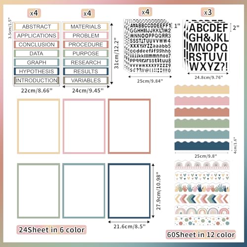 99Pcs Science Fair Board Supplies 60 Trim Scalloped Bulletin Board Borders 24 Presentation Board Subtitles 8 Science Fair Titles 7 Letter Stickers for Classroom Display Boards (Morandi Boho Style)