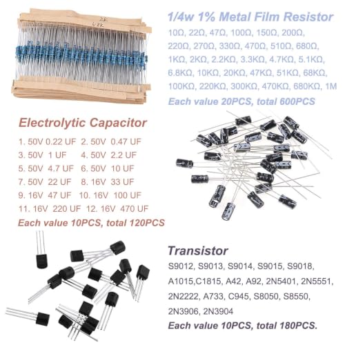 1400pcs Basic Electronic Component kit for Beginners: Including capacitors (electrolytic, Ceramic), LEDs, diodes, resistors, transistors - the Perfect DIY Electronic Project