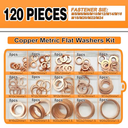 120 PCS Copper Washers Assortment Kit, Crush Flat Washers, Copper Sealing Washer Set for Automotive and Mechanical Use; 15 Sizes (M5- M24) - size: Copper - 120Pcs