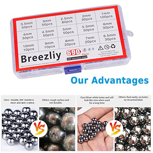 690 Piece 1-10mm 15 Sizes Metric Precision 304 Stainless Steel Assorted Loose Bicycle Bearing Steel Ball Assortment Kit - size: 0.039 - 0.394 in