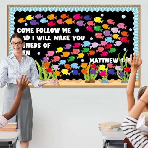 Fishers of Men Bulletin Board Classroom Decorations Christian Religious Bible Bulletin Board Sets Fish Paper Cutouts for Jesus Church Sunday Summer VBS Back to School Teacher Chalkboard Wall Supplies - style: Fishers of Men