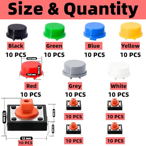 120PCS 12x12x7.3 mm Tact Tactile Push Button Switch Kit, 4 Pin Orange Momentary SMD PCB Switches Set with 7color Arduino Buttons Caps for DIY Electronics Projects, PCB Prototyping - style: Orange - 120PCS