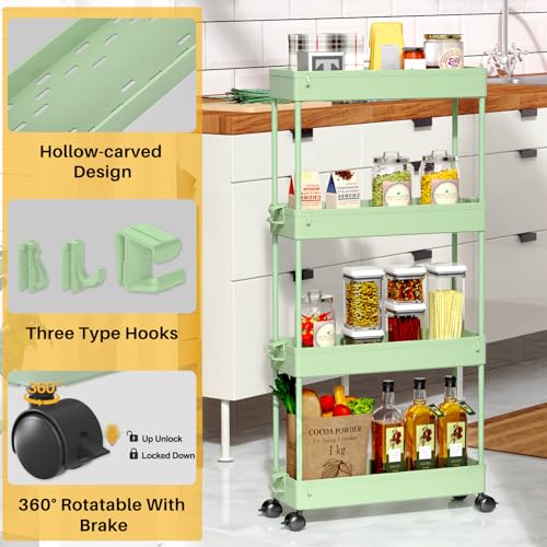 SPACEKEEPER Slim Rolling Storage Cart, 4 Tier Bathroom Cart Organizer,Green - color: Green