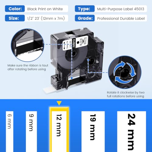 5X Replace for DYMO Label Maker Refills 45013 Black on White 1/2 Inch 23 Ft - color: White, size: 1/2 Inch (12mm)