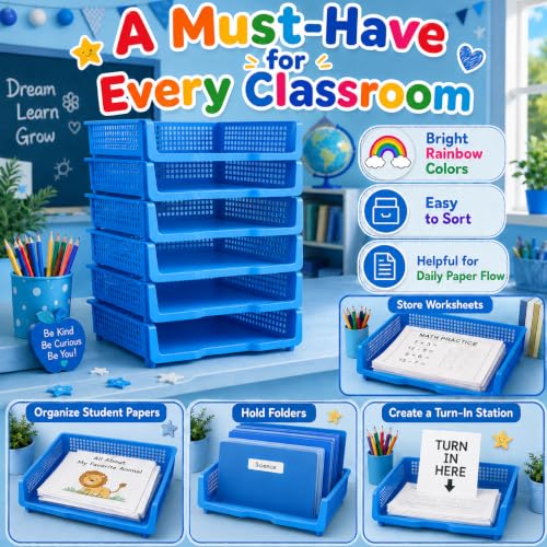 6 Pcs Blue Turn in Trays Classroom, Stackable Paper Bins for Classroom, 13x9x2.8 inch Plastic Baskets Desktop Organization System Office (Blue) - color: Blue