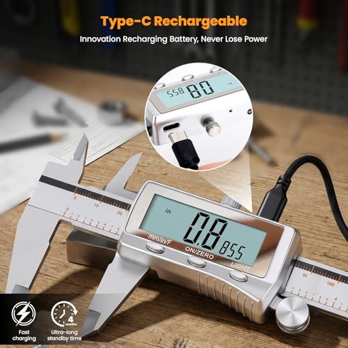 HARDELL Digital Caliper 6 Inch, Rechargeable All Metal W/Backlight Screen - size: 6 Inch
