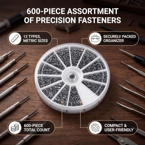 600pcs 12 Kinds Small Screws Nuts Assortment Kit, M1 M1.2 .4 .6 Stainless Steel Screws, with Plastic Storage Box, for Watches Glasses Electronics Repair