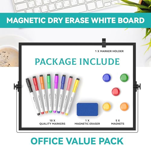 Dry Erase White Board, Cazeyoo Magnetic Desktop Whiteboard 16 x 12inch with Stand, 10 Markers, 4 Magnets and 1 Eraser, Portable Double-Sided White Board for Kids Drawing, Office, Home, School - Black - color: Black, size: 16x12Inch
