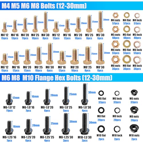 Nuts and Bolts Assortment Kit, Flange Bolt Assortment (12-30mm) - color: Black - M4 M5 M6 M8 M6x1.0 M8x1.25 M10x1.5