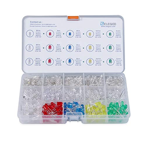 ELEGOO 3mm and 5mm Diffused and Clear Assorted LED Kit 5 Colors Compatible with Arduino (Pack of 600) - size: 600 Count (Pack of 1)