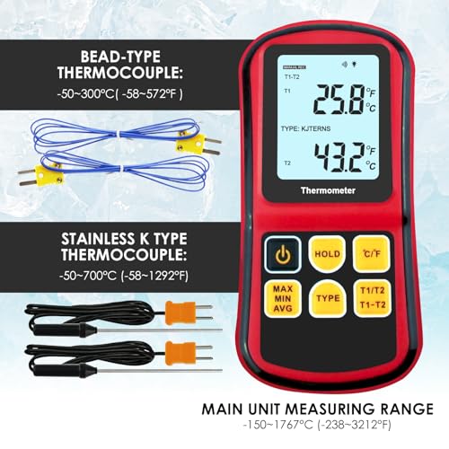 Thermocouple Thermometer Digital K Type Thermocouple,Dual Channel Thermocouple Tester(-238~3212℉) with 4 K-Type Thermocouples LCD Display Temperature Tester for K/J/T/E/R/S/N Type - color: Red