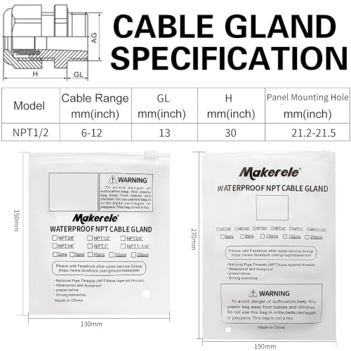 MAKERELE 1/2 NPT Nylon Cable Gland Strain Relief Connector Waterproof IP68 - color: Grey, size: 1/2" 12pcs BAG