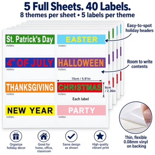 Holiday Color Coded Labels Multi-Pack - 40PCS Seasonal Decoration Storage Stickers for Christmas, Halloween, Easter - Labels for Home, Office & Classroom Organization,Moving Supplies