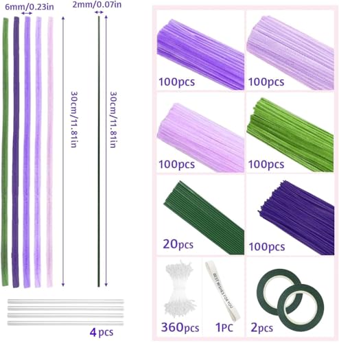 500 Pcs Pipe Cleaners Flower Kit,5 Colors Chenille Stems with Guide&Tools - color: Purple