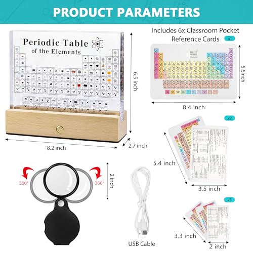 MegaBox Large Periodic Table Of Elements with 83 Real Elements, Acrylic Periodic Table Display With Wooden Stand, 6x Chemistry Formula Reference Cards, Science Teacher Gift Classroom (Large (8.0 x 6.5 in)) - size: 8"L x 6.5"W