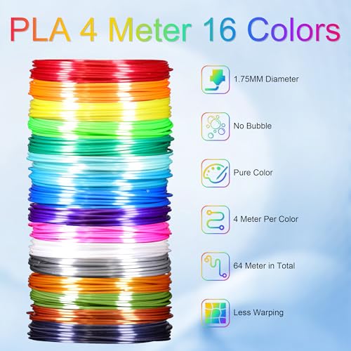 MIKA3D 16 Colors Silk Shiny PLA Filament Sample Pack, Each Color 4 Meter Length, Total 64m Silk Shiny PLA 3D Printer 3D Pen Material Refill Sample Pack - color: 16 Colors Silk Shiny Pla