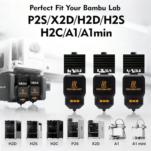 P2S Nozzle for Bambu Lab, 3PCS 0.2/0.4/0.6MM Hotend for H2D/H2S/P2S/H2C/X2D/A1/A1 Mini, Quick Swap High Temp Hardened Steel Hot End Replacement, 3D Printer Accessories with Silicone Sock - style: 3PK 0.2+0.4+0.6MM