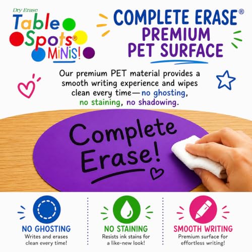 Minis, Small Dry Erase Circles for Teachers, Classroom Organization Management w/CompleteErase Technology, 10 Pack, Labels, Reusable 6" Premium Vinyl Student Desk Labels, Learning Centers