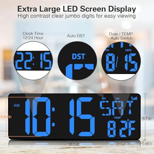 XREXS 16.5 in Large Digital Wall Clock WiFi Sync - color: Blue