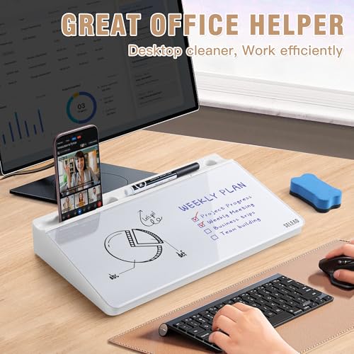 SELEAD Desktop Glass Whiteboard with Storage, 5 Markers and 1 Eraser, White - color: White, size: 12"x7"