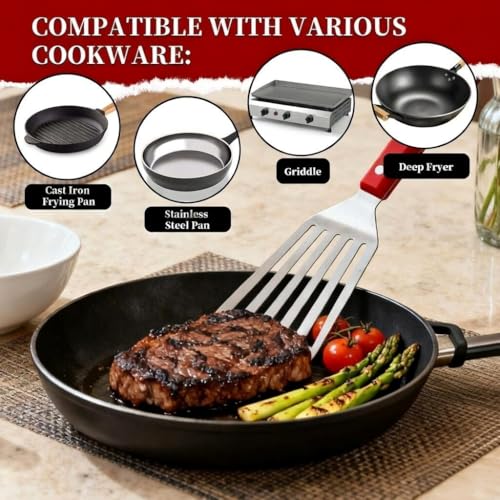 GRILLGEN Fish Spatula Stainless Steel -12.4" Metal Slotted Turner with Full Tang Red Handle, Ultra-Thin Flexible Fish Flipper for Cast Iron Skillet & Grilling, Flipping Eggs & Pancakes, Heavy Duty