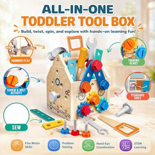 puzgic Educational Stem Kid Toys – Wooden Tool Set 4-in-1 Activity Board with Latches, Screw Assembly, Gear Game & Storage – Pretend Construction Toy for 3, 4,5,6,7 Years Boys & Girls