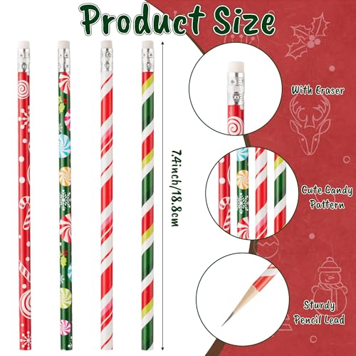 Xqumoi 60Pcs Christmas Pencils with Eraser - #2 HB Xmas Candy Cane Red Green Wood Pencils, School Classroom Student Rewards Office Supply Holiday Goodie Bag Fillers Stuffers Party Favors Gift - style: Christmas