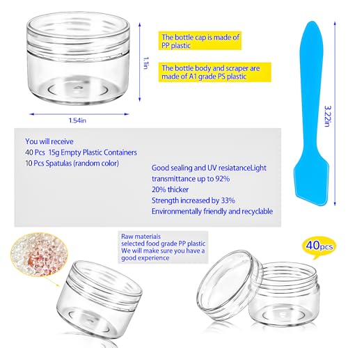 40 PCS 15g Empty Plastic Round Containers with Clear Lids, Small Makeup Sample Jars, 0.5oz Travel Cosmetic Jars with Spatulas for Liquid Sample Powder Cream Lotion - color: White, size: 15g