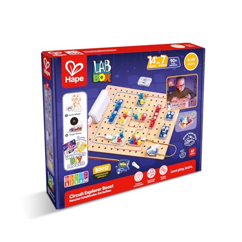 Hape Lab Box Circuit Explorer Boost - STEAM Science Kit for Kids 8+, DIY Electronics & Circuit Building Experiments, 40 Pieces Educational Toy with Motor & LED Lights