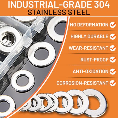 Stainless Steel Flat Washers Assortment Kit, SAE 304, 300-Piece Metal Screw Washers Set for Bolts, 8 Sizes #6; #10; #12; 1/4"; 5/16"; 3/8"; 1/2" - size: Stainless Steel - 300Pcs