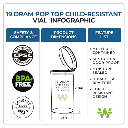 W Gallery 50 Black Vials - 19 Dram Pop Top Bottles, Child Resistant - color: Black
