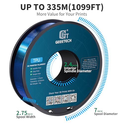 Geeetech TPU Filament 1.75mm, Shore 95A Flexible 3D Printer Filament with High Elasticity, 1KG (2.2lbs) Spool, Dimensional Accuracy ±0.03mm, Fits Most FDM Printers, Clear Blue - color: Tpu Clear Blue
