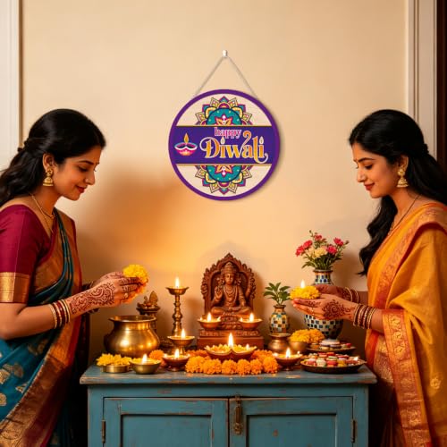 HLNIUC Happy Diwali Mandala Round Sign Diya Oil Lamp Wooden Door Hanger - color: Diwali 3